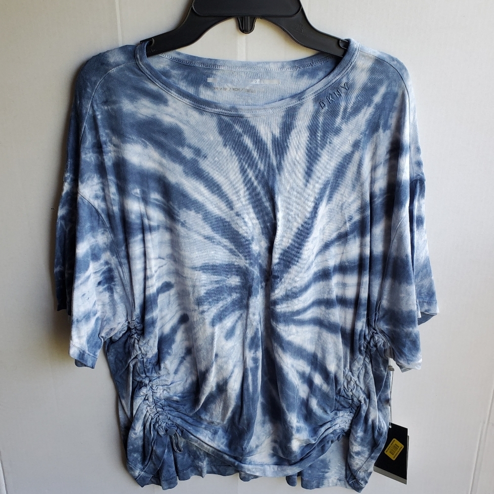 DKNY Tie Dye Denim Blue Top with Drawstring Hem - Picture 15 of 16